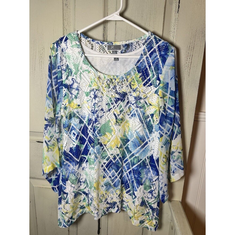 JM Collection Blue Yellow White Green Floral Double Layer Sheer Sleeves Top Sz S